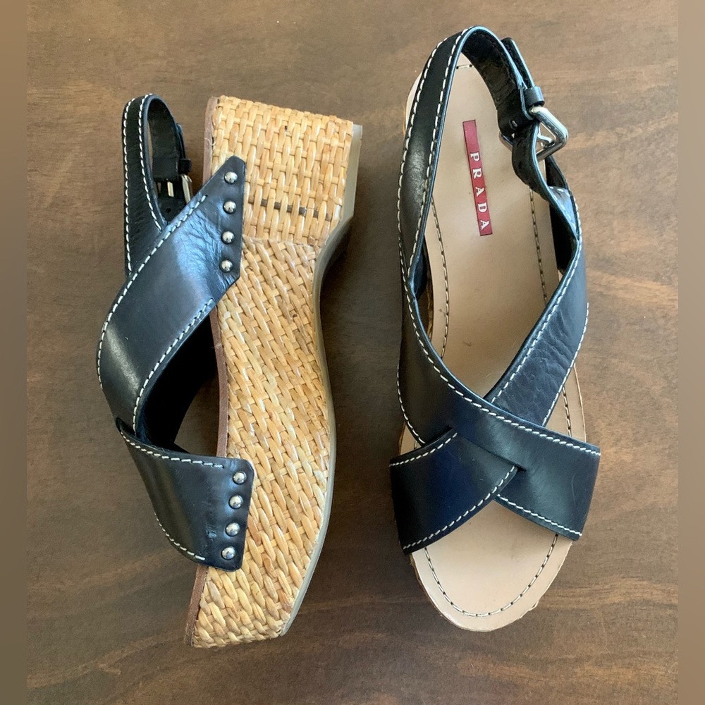 Prada Wicker Wedge Leather Sandals Size 8 US